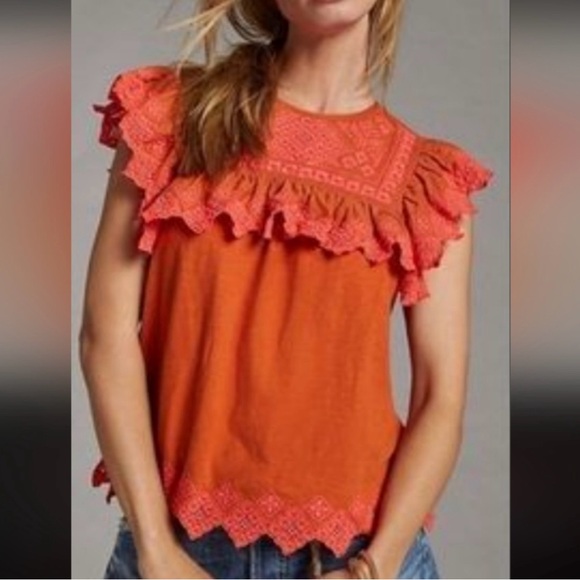 Anthropologie Tops - Anthropologie orange Ricca crochet embroidered boho top Sz S